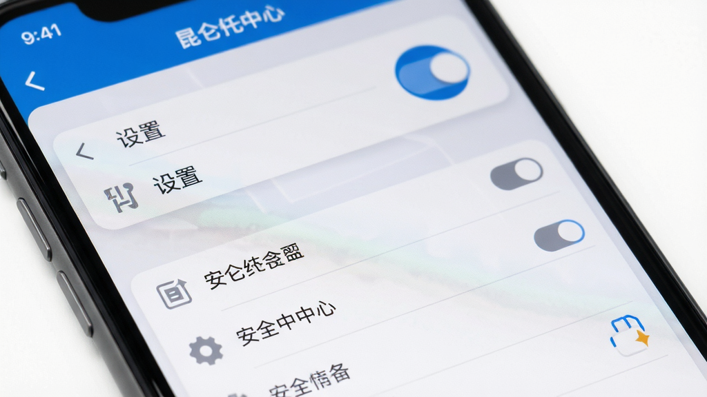 昆仑信托App操作界面细节展示图,主体为手机屏幕特写,布局为设置菜单与安全中心选项,风格为简洁工具类设计,细节包含开关按钮、列表项、图标、灰色与蓝色配色,画质清晰,干净,无多余元素