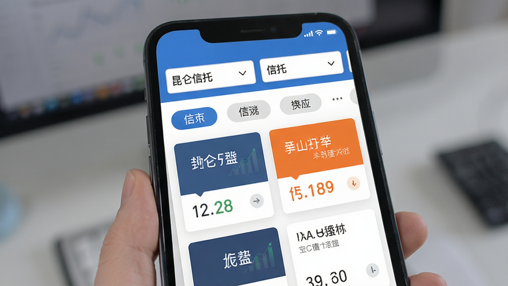 昆仑信托App信托产品筛选界面展示图,主体为手机屏幕,布局为顶部筛选栏与下方产品列表,风格为扁平化金融设计,细节包含下拉菜单、标签按钮、产品卡片、收益率数字高亮,画质清晰,干净,无多余元素