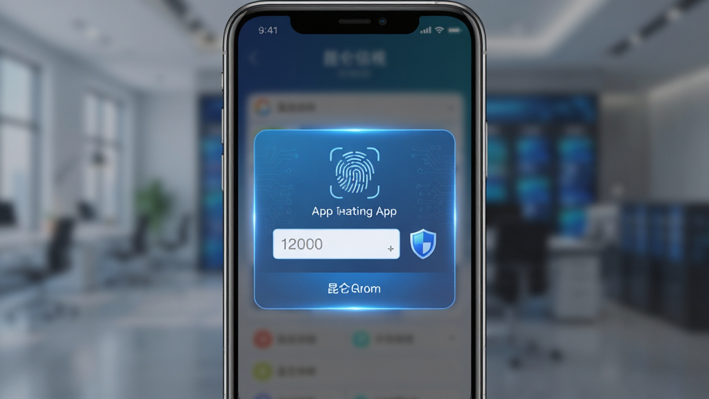 昆仑信托App安全验证界面展示图,主体为手机屏幕,布局为居中验证弹窗与背景模糊效果,风格为安全科技风,细节包含指纹图标、验证码输入框、盾牌标识、蓝色光效,画质高清,干净,无多余元素