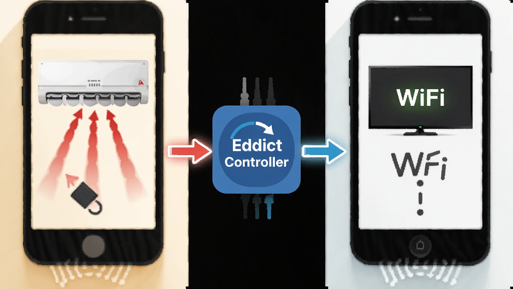 展示Eddict Controller双模控制原理的示意图,左侧是手机发出红外信号控制空调,右侧是手机通过WiFi控制智能电视,中间以Eddict Controller图标连接,风格扁平化,色彩鲜明,布局对称,画质清晰