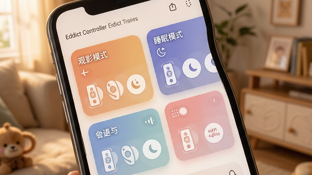 Eddict Controller 自定义场景设置界面,手机屏幕上显示着“观影模式”“睡眠模式”等场景卡片,每个卡片上有多个设备图标,风格温馨,色彩柔和,布局整洁,画质高清