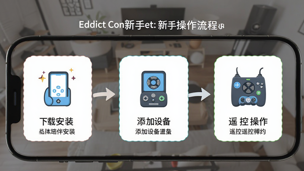 Eddict Controller 新手操作流程图,手机屏幕上显示从下载安装到添加设备再到遥控操作的步骤,每一步都有图标和简短文字说明,风格清新,色彩明快,布局清晰,画质干净