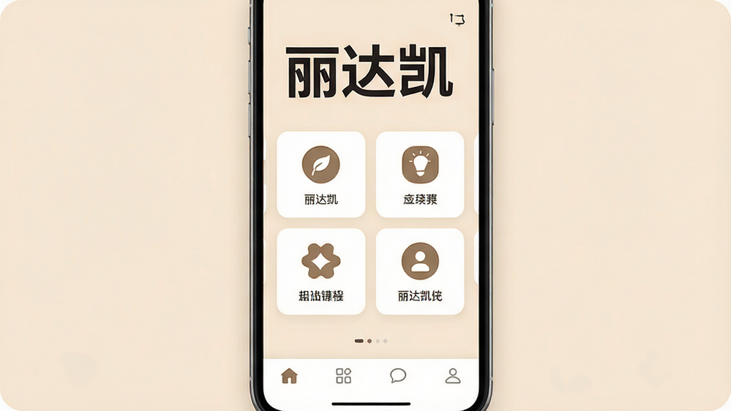 丽达凯应用界面设计展示,画面中手机屏幕显示大字体、大按钮的首页布局,顶部是