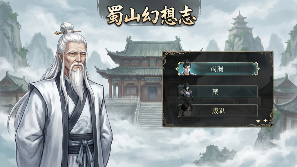 一个仙侠剧情对话界面,画面左侧是一位白发仙风道骨的老者立绘,右侧是主角的对话选项框,背景是云雾缭绕的蜀山宫殿,界面顶部有“蜀山幻想志”游戏名称,整体风格唯美古风,画质细腻,干净无多余元素