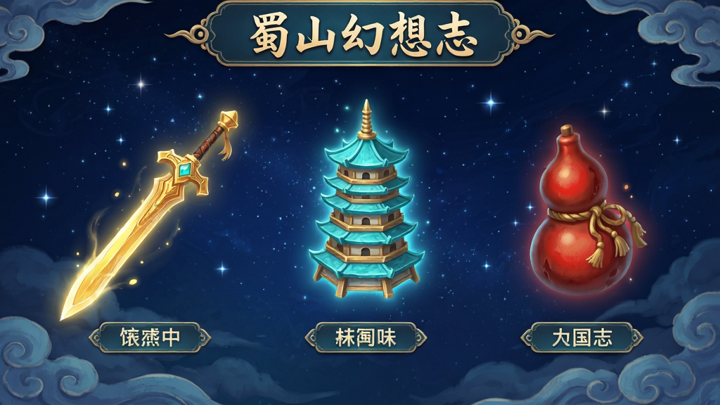 一个古风法宝展示界面,画面中央悬浮着数件发光的法宝,包括金色飞剑、青色宝塔、红色葫芦,每件法宝下方有名称标签,背景是深蓝色的星空与云纹,界面顶部有“蜀山幻想志”标题,整体风格精致华丽,画质高清,干净无多余元素