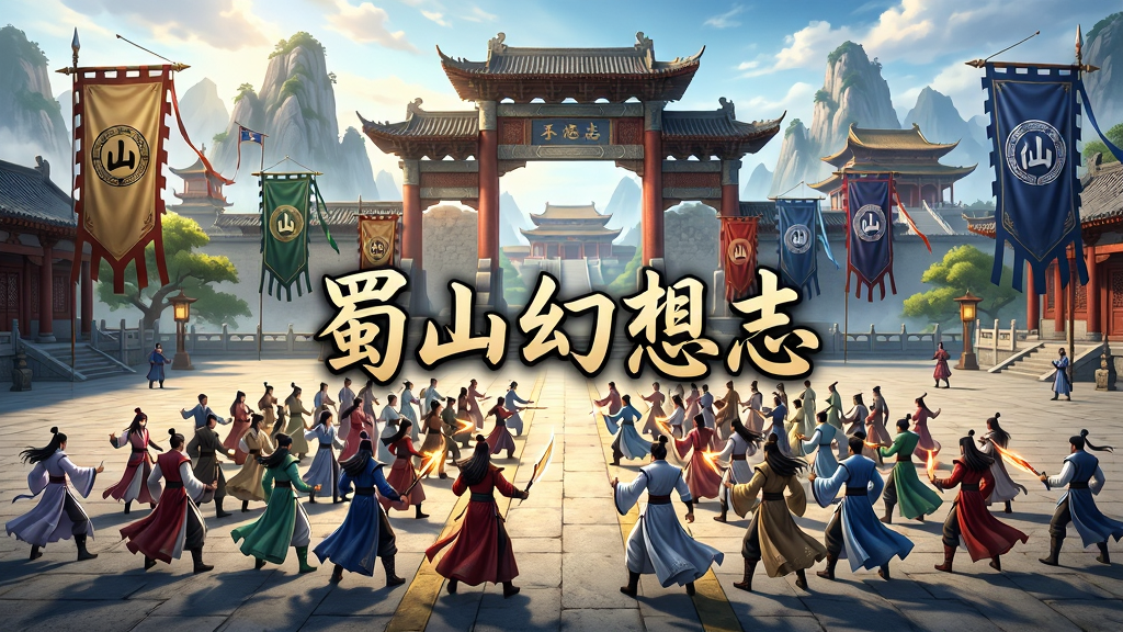 一场仙侠宗门团战场景,数十位身穿不同颜色道袍的玩家角色在广场上列阵,空中漂浮着宗门旗帜,远处有巨大的山门与宫殿,画面中央显示“蜀山幻想志”字样,整体采用史诗级国风战斗风格,色彩饱满,细节丰富,画质高清,干净无多余元素