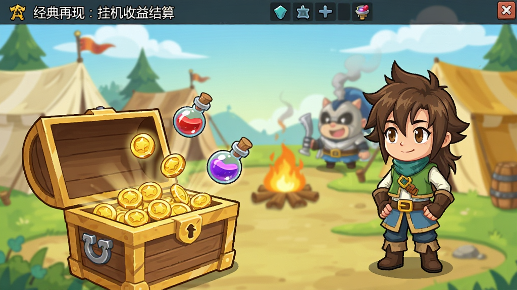 我叫MT:经典再现 挂机收益结算界面 宝箱打开后飞出金币与经验药水 背景为卡通风格的营地 角色站在一旁 风格轻松 画质清晰 干净 无多余元素