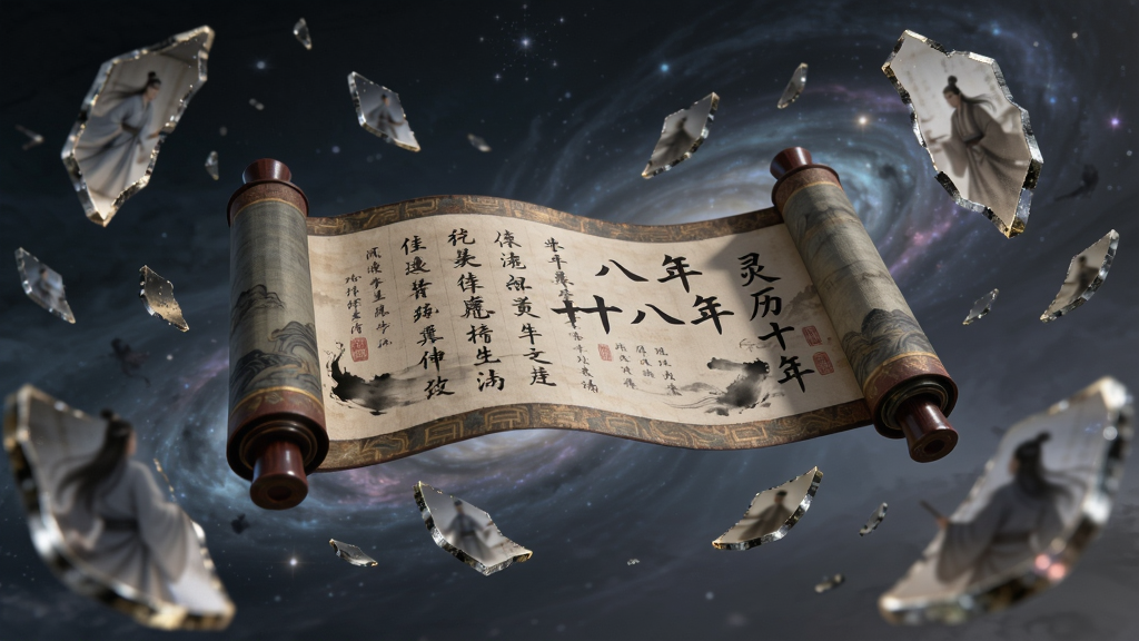 主体为古风卷轴与记忆碎片悬浮在空中,布局为横向展开,卷轴居中,碎片环绕四周,排版错落有致,风格为玄幻国风插画,细节包括卷轴上的水墨文字、碎片中的模糊人影、背景的星云流转,画质高清,画面干净,无多余元素,图中文字为