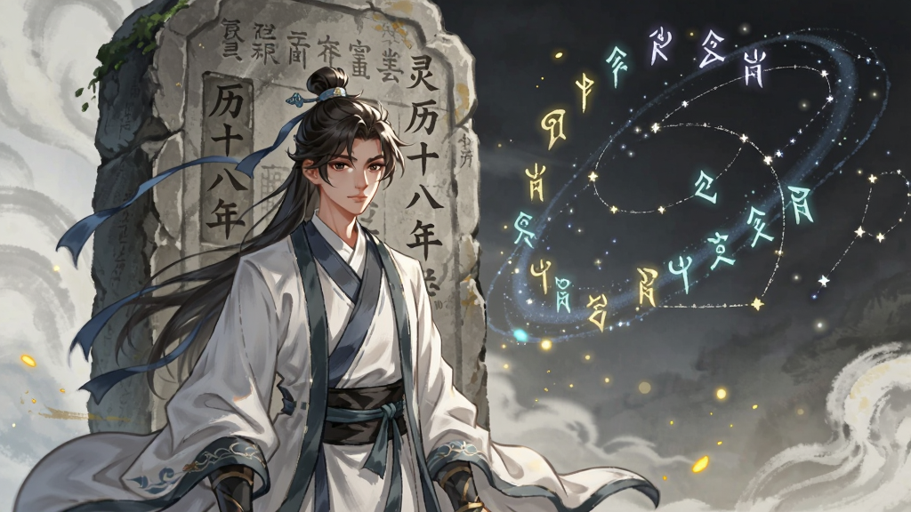 主体为一位身着国风长袍的年轻修行者站在古老历法石碑前,布局采用竖版构图,人物居中偏左,右侧为悬浮的灵历符文与星辰轨迹,排版层次分明,风格为国风玄幻手绘,细节包括衣纹褶皱、石碑上的古老文字、飘散的灵光粒子,画质高清,画面干净,无多余元素,图中文字为