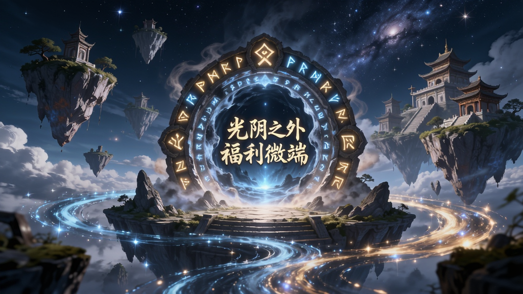 一幅展现东方玄幻风格的宏大场景图,画面中央是名为“光阴之外福利微端”的虚拟游戏世界入口,入口由发光的古老符文构成,周围环绕着漂浮的岛屿与流动的时间长河,背景是深邃的星空与若隐若现的古代建筑群,风格为唯美CG插画,细节精致,画质高清,干净,无多余元素