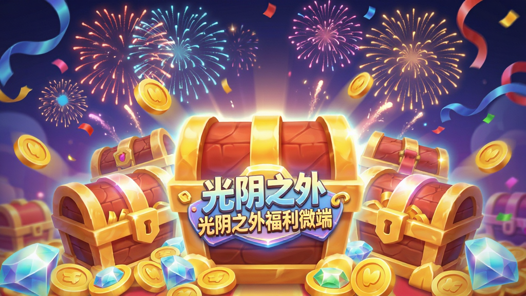 一个充满喜庆氛围的游戏福利界面,画面中堆满了发光的宝箱、金币与钻石,宝箱上贴着“光阴之外福利微端”的标签,背景是绚丽的烟花与彩带,风格为卡通渲染,色彩鲜艳,画质高清,干净,无多余元素