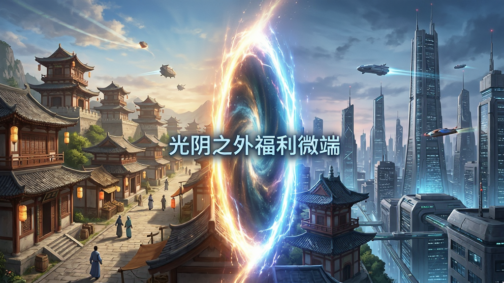 一幅展现时空穿梭的游戏场景图,画面左侧是古代东方城镇,右侧是未来科幻都市,中间由一道发光的时空裂缝连接,裂缝中隐约可见“光阴之外福利微端”字样,风格为奇幻写实,细节丰富,画质高清,干净,无多余元素
