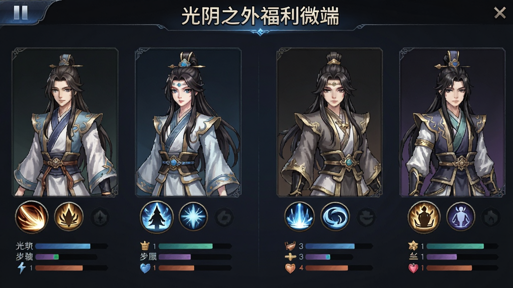 一个游戏角色养成界面,画面中展示多位穿着东方玄幻服饰的角色立绘,每个角色下方有技能图标与属性条,界面顶部有“光阴之外福利微端”标题,风格为二次元游戏UI,排版整洁,画质高清,干净,无多余元素
