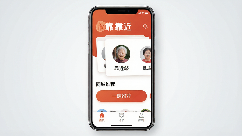 一张干净简洁的手机应用界面展示图,画面中央是一部现代智能手机,手机屏幕上显示着一款名为
