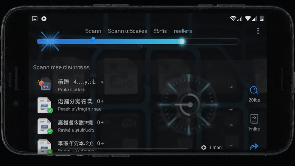 一部安卓手机屏幕显示刚刚软件正在扫描数据的界面,主体为扫描进度条和已扫描到的聊天记录列表,布局为上下结构,上方为扫描进度,下方为文件列表,风格为深色科技风,细节包括扫描动画和文件缩略图,画质高清,干净,无多余元素