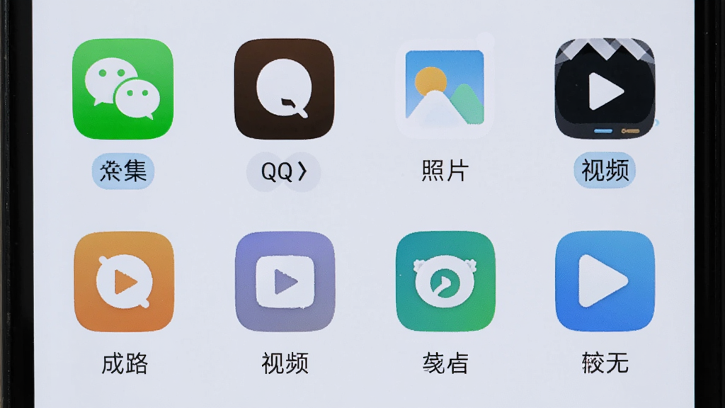 一部安卓手机屏幕显示刚刚软件的数据类型选择界面,主体为微信、QQ、照片、视频等多个功能图标排列,布局为网格状排版,风格为清新浅色风,细节包括每个图标下方的文字标签和选中状态,画质高清,干净,无多余元素