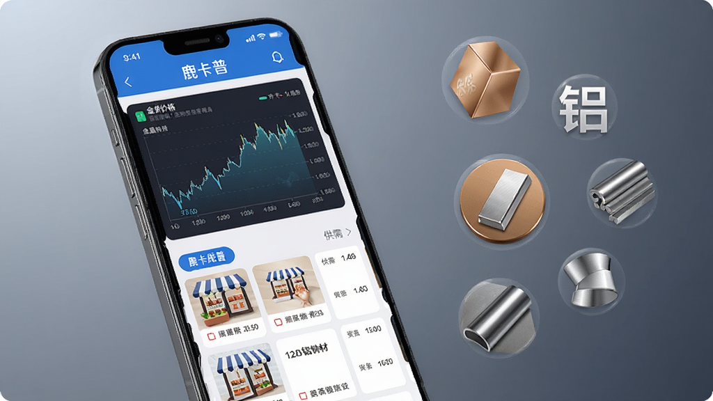 主体为一部智能手机,屏幕中展示鹿卡普应用界面,界面上有金属价格曲线图与供需列表;布局采用居中构图,手机微微倾斜;排版左侧为应用截图,右侧为铜铝钢材等金属材质图标环绕;风格为现代科技感,蓝灰配色;细节包括金属光泽、数据图表、商铺卡片;画质高清,画面干净,无多余元素。