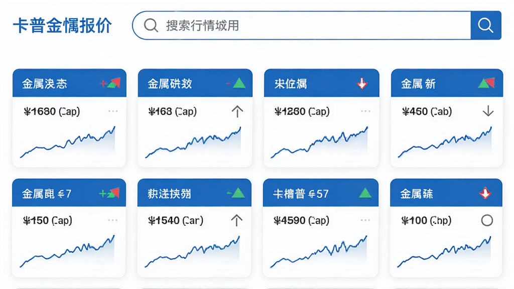 主体为鹿卡普应用中的金属行情报价页面,布局为顶部搜索栏加下方价格卡片列表,排版整齐;风格为商务简约,白底蓝字;细节包括红绿涨跌箭头、金属名称、价格数字、迷你走势图;画质清晰,画面干净,无多余元素。