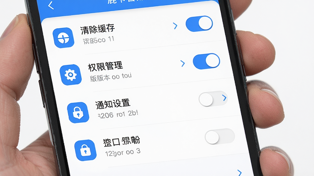 主体为鹿卡普应用在手机上的设置界面,布局为纵向列表,包含清除缓存、权限管理、通知设置等选项;排版整齐,每行一个功能项;风格为简洁工具类,白色背景,蓝色图标;细节包括开关按钮、箭头指示、版本号文字;画质高清,画面干净,无多余元素。