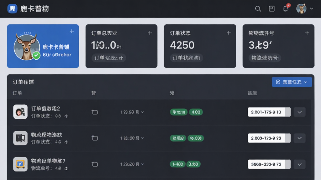 主体为鹿卡普商铺管理后台界面,布局为数据总览卡片与订单列表;排版上方为统计数字,下方为订单条目;风格为商务后台,深灰与蓝色搭配;细节包括店铺头像、认证标识、订单状态标签、物流单号;画质高清,画面干净,无多余元素。