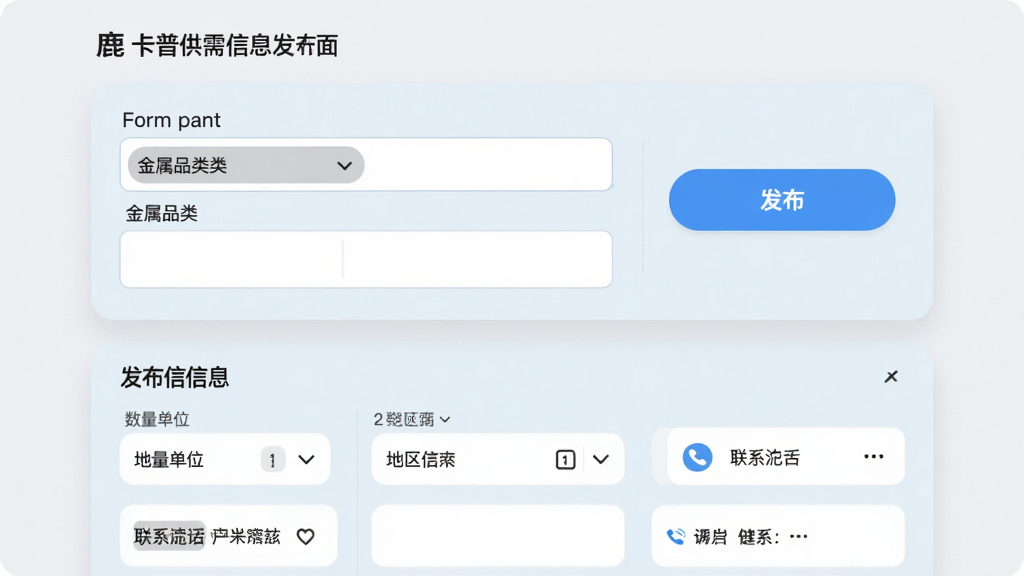 主体为鹿卡普供需信息发布界面,布局为表单填写区域与已发布信息列表上下排列;排版左侧为输入框,右侧为发布按钮;风格为清爽浅色,圆角卡片;细节包括金属品类下拉菜单、数量单位、地区选择、联系电话图标;画质高清,画面干净,无多余元素。