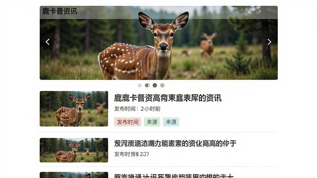 主体为鹿卡普资讯页面,布局为顶部轮播图加下方新闻列表;排版采用左图右文的形式;风格为新闻阅读类,简洁大方;细节包括新闻缩略图、标题文字、发布时间、来源标签;画质清晰,画面干净,无多余元素。