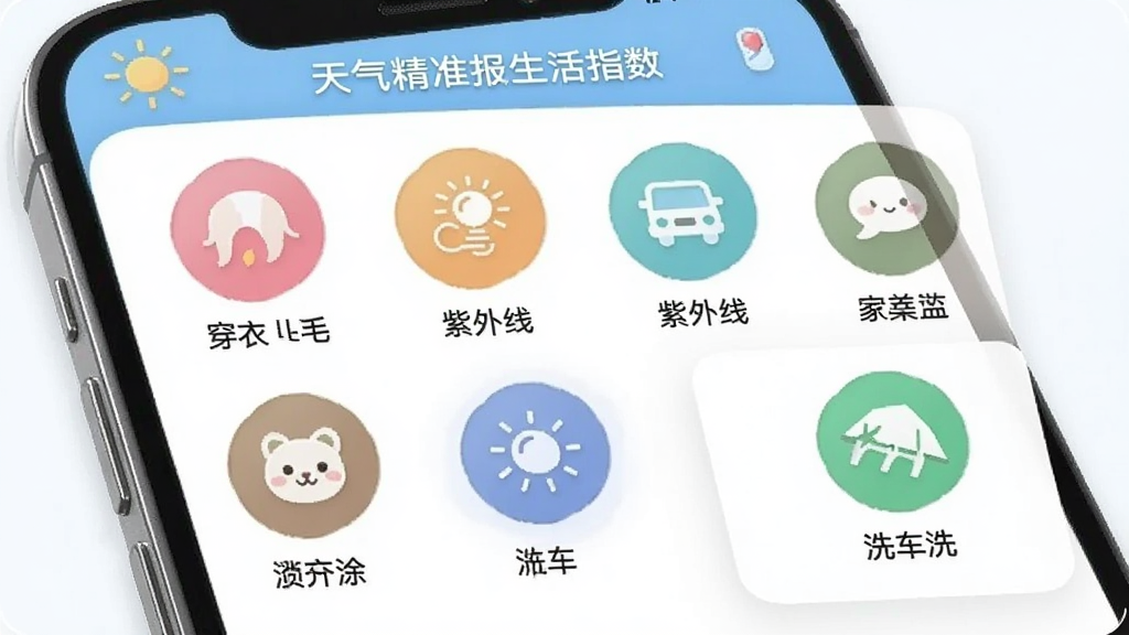 天气预报手机精准报生活指数页面,手机屏幕显示多个彩色圆形图标,分别代表穿衣、紫外线、洗车等指数,每个图标下方有简短文字建议,界面清新可爱,画质干净
