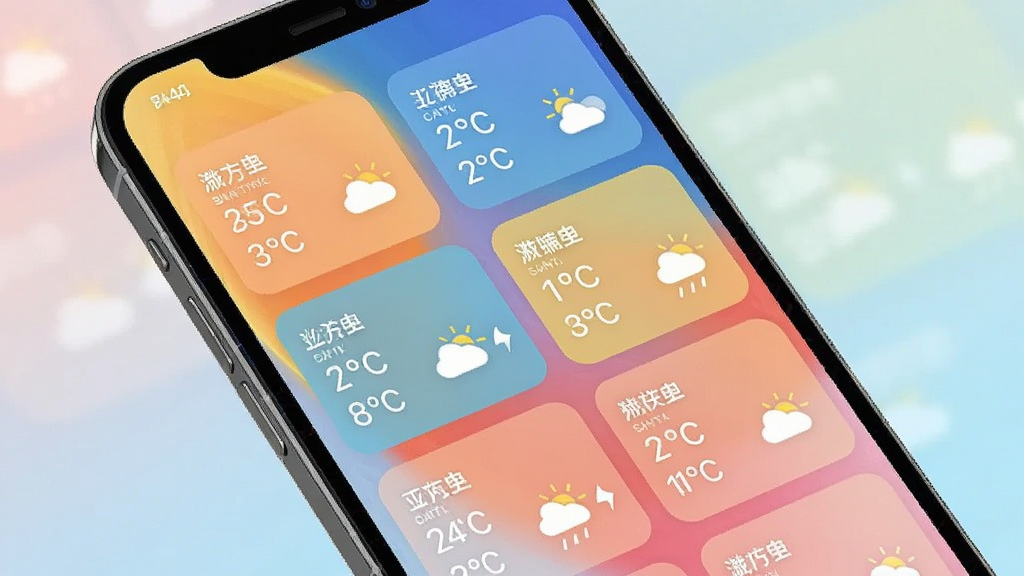 天气预报手机精准报多城市管理界面,手机屏幕显示多个城市卡片列表,每个卡片上有城市名、当前温度和天气图标,背景为柔和渐变色,布局整齐,画质清晰