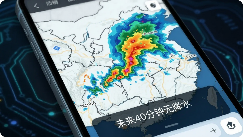 天气预报手机精准报分钟级降水预报功能界面截图,手机屏幕显示一张地图,地图上覆盖彩色雷达回波图,下方有文字提示