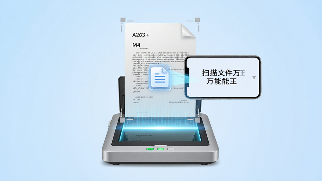 手机桌面中央放置一台银色扫描仪,扫描仪上方悬浮一张A4纸质文档,文档正被光束扫描并转化为手机屏幕中的电子文件,手机屏幕显示“扫描文件万能王”字样,背景为浅蓝色渐变,布局居中对称,风格简洁科技感,细节包括纸张边缘的裁切框线和文档图标,画质高清,干净,无多余元素