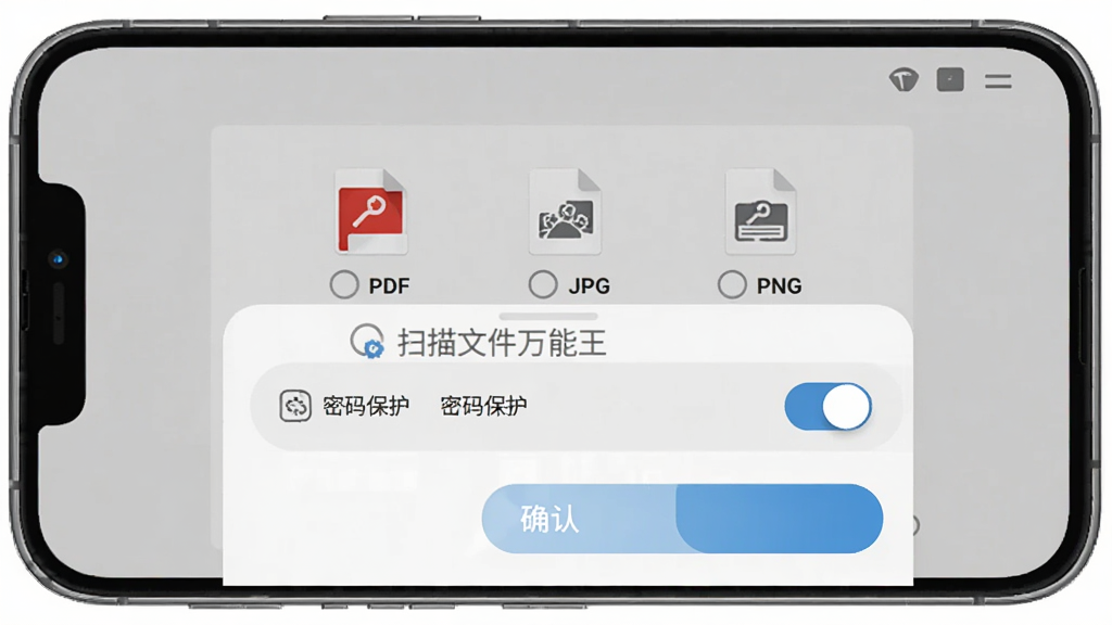 手机屏幕显示“扫描文件万能王”导出设置面板,面板中有PDF、JPG、PNG格式选项以及密码保护开关,背景为浅灰色,布局为底部弹窗样式,风格扁平化UI,细节包括格式图标、开关按钮和确认按钮,画质高清,干净,无多余元素