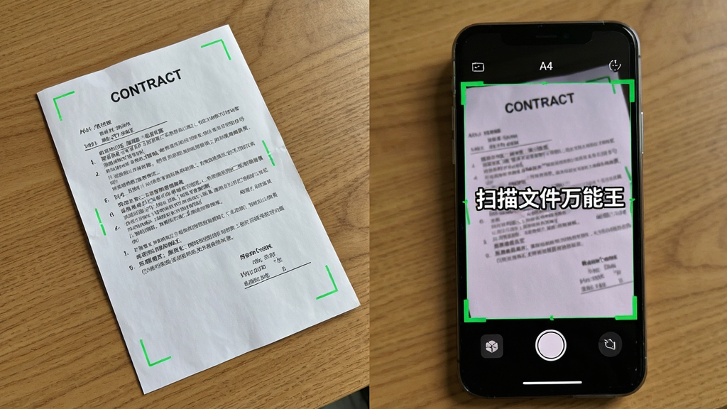 一张A4纸质合同斜放在木纹桌面上,手机镜头对准合同,屏幕中显示绿色边缘检测框和“扫描文件万能王”文字标识,画面分为实景与手机屏幕两部分,布局左右对比,风格写实科技,细节包括合同上的文字线条和手机UI按钮,画质清晰,干净,无多余元素