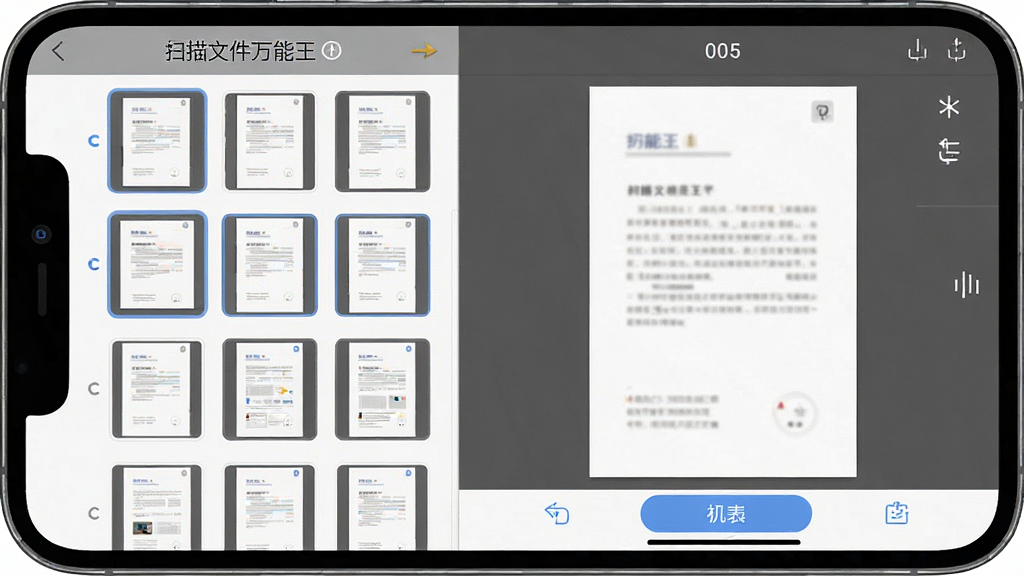 手机屏幕显示“扫描文件万能王”的多页文档管理界面,左侧是缩略图列表,右侧是当前页面预览,页面带有页码标签和排序图标,布局为左右分栏,风格扁平化UI设计,细节包括缩略图边框、选中高亮和底部工具栏按钮,画质高清,干净,无多余元素