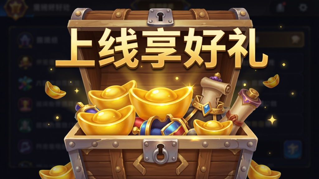 主体为一只打开的华丽宝箱,箱内溢出金光闪闪的元宝、装备和卷轴,宝箱上方悬浮着“上线享好礼”五个金色大字。布局为居中特写,背景是深色游戏界面。排版简洁,宝箱占据画面中心,四周有光点飘散。风格为游戏UI宣传图风格,细节包括宝箱木纹、金属锁扣、元宝反光。画质高清,画面干净,无多余元素。