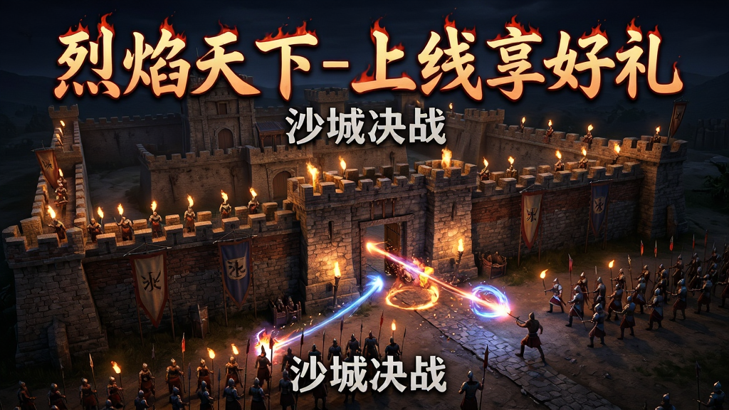 主体为一座宏伟的沙巴克城池夜景,城墙上站满了手持火把的士兵,城门口两军对垒,技能光效交织。布局为远景俯视构图,城池居中,两侧军队呈对峙状。排版上方用红色火焰字体写着“烈焰天下-上线享好礼”,下方用白色小字标注“沙城决战”。风格为史诗战争写实风,细节包括城墙砖石、火焰粒子、技能光影。画质高清,画面干净,无多余元素。