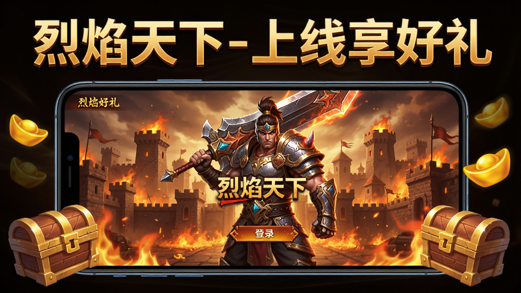 主体为一部横向放置的智能手机,屏幕中央显示烈焰天下-上线享好礼的游戏登录界面,界面中有一个身穿铠甲手持巨剑的战士角色,背景是燃烧的沙巴克城池与漫天烈焰。布局采用居中构图,手机两侧漂浮着宝箱与元宝图标,上方用金色立体字写着“烈焰天下-上线享好礼”。排版简洁明快,风格为热血写实游戏宣传风,细节包括铠甲纹理、火焰粒子效果、宝箱金属反光。画质高清,画面干净,无多余元素。