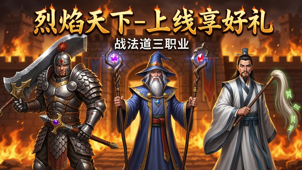 主体为三位并排站立的游戏角色,左侧是身穿重甲的战士手持大刀,中间是身披法袍的法师手握法杖,右侧是道袍飘逸的道士手持拂尘。布局为横向一字排开,背景是烈焰燃烧的沙巴克城门。排版上方用金色火焰字体写着“烈焰天下-上线享好礼”,下方用白色小字标注“战法道三职业”。风格为经典传奇写实画风,细节包括铠甲鳞片、法杖宝石光芒、道士符咒光效。画质高清,画面干净,无多余元素。