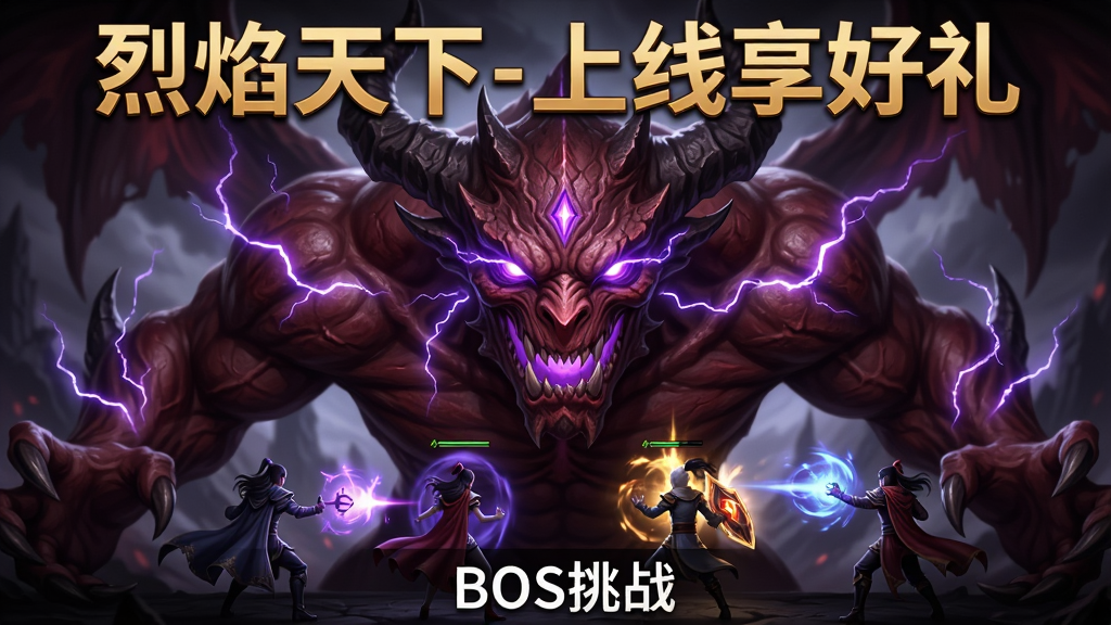 主体为一只巨大的赤月恶魔BOSS,通体暗红色,双目散发紫光,周围环绕着紫色雷电特效。布局为居中特写,BOSS占据画面主体,下方有四位玩家角色正在释放技能攻击。排版上方用金色字体写着“烈焰天下-上线享好礼”,下方用白色小字标注“BOSS挑战”。风格为暗黑魔幻写实风,细节包括恶魔皮肤纹理、雷电光效、角色技能特效。画质高清,画面干净,无多余元素。