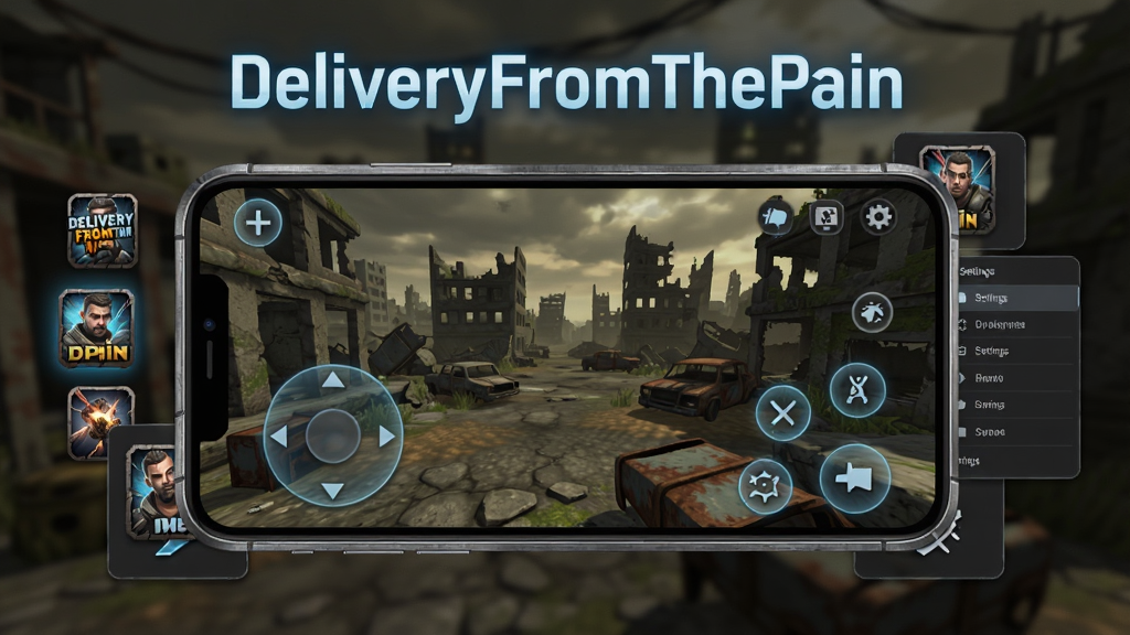 画面展示一部智能手机横屏运行DeliveryFromThePain游戏,主体是手机屏幕中的末日场景和虚拟摇杆界面,布局上手机位于画面中央,周围环绕着游戏图标和设置菜单的浮层。排版上“DeliveryFromThePain”以发光字体出现在手机上方。风格为科技感与末日废土结合,细节包括手机边框的金属质感、屏幕中的废墟场景、虚拟按键的半透明效果。画质高清,干净,无多余元素。