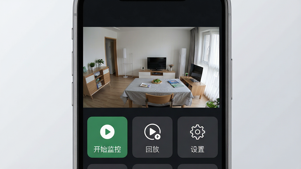 移动手机监控管家软件主界面预览图,画面中心展示一部智能手机屏幕,屏幕内呈现监控画面分屏布局,上方为实时视频预览窗口,下方为功能按钮区域包含“开始监控”“回放”“设置”等文字标识,整体布局清晰有序,排版采用上下结构,风格为现代科技感简约风,细节上手机边框圆润、界面图标精致、背景为浅灰色渐变,画质高清干净,无多余元素