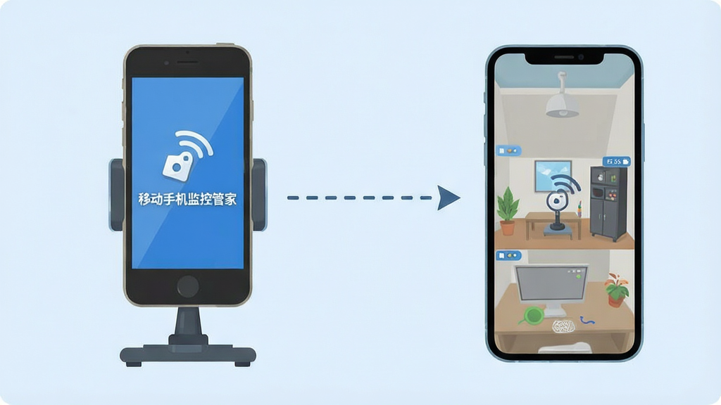 移动手机监控管家旧手机改造监控功能示意图,画面左侧展示一部旧手机被架在支架上作为摄像头端,右侧展示一部新手机屏幕显示监控画面,两部手机之间用虚线箭头连接表示数据传输,布局为左右对比式,排版简洁明了,风格为扁平化插画风,细节上手机屏幕内显示“移动手机监控管家”文字标识、连接图标清晰、背景为淡蓝色,画质清晰干净,无多余元素
