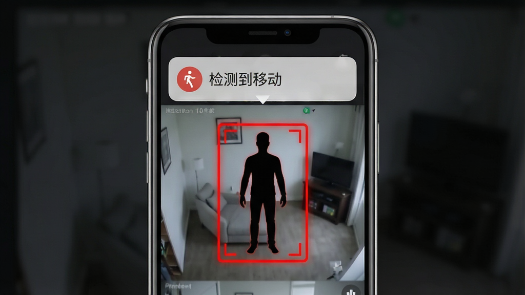 移动手机监控管家异常动态侦测功能展示图,画面中央为手机屏幕显示监控画面,画面中一个人形轮廓被红色方框标记,屏幕上方弹出“检测到移动”通知横幅,布局为居中展示,排版突出侦测效果,风格为写实科技风,细节上红色警示框醒目、通知横幅带图标、背景为深色半透明,画质高清干净,无多余元素