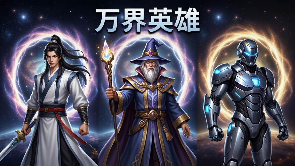 多个不同风格的英雄角色并排站立,左侧是东方仙侠风格的剑客,中间是西方魔幻风格的法师,右侧是未来科技风格的机甲战士,背景是星空与传送门交织的多元宇宙场景,竖版构图,上方放置“万界英雄”文字,风格为高清游戏角色立绘合集,细节丰富,画质清晰,干净无多余元素