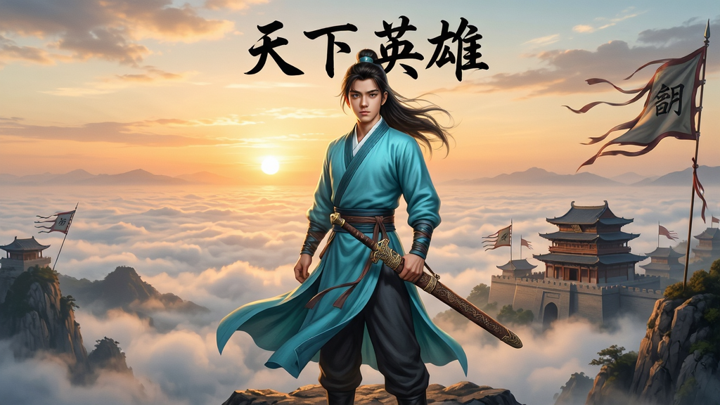 画面主体为一位身穿青衫的年轻侠客站在山巅,背后是云海与落日,远处隐约可见古城楼阁与飘扬的旗帜,布局采用居中构图,人物占画面三分之一,背景层次分明,风格为国风写实武侠插画,细节包括衣袂飘动、剑鞘纹理、云层光影过渡,画质高清,干净,无多余元素,画面中可加入文字“天下英雄”作为标题点缀