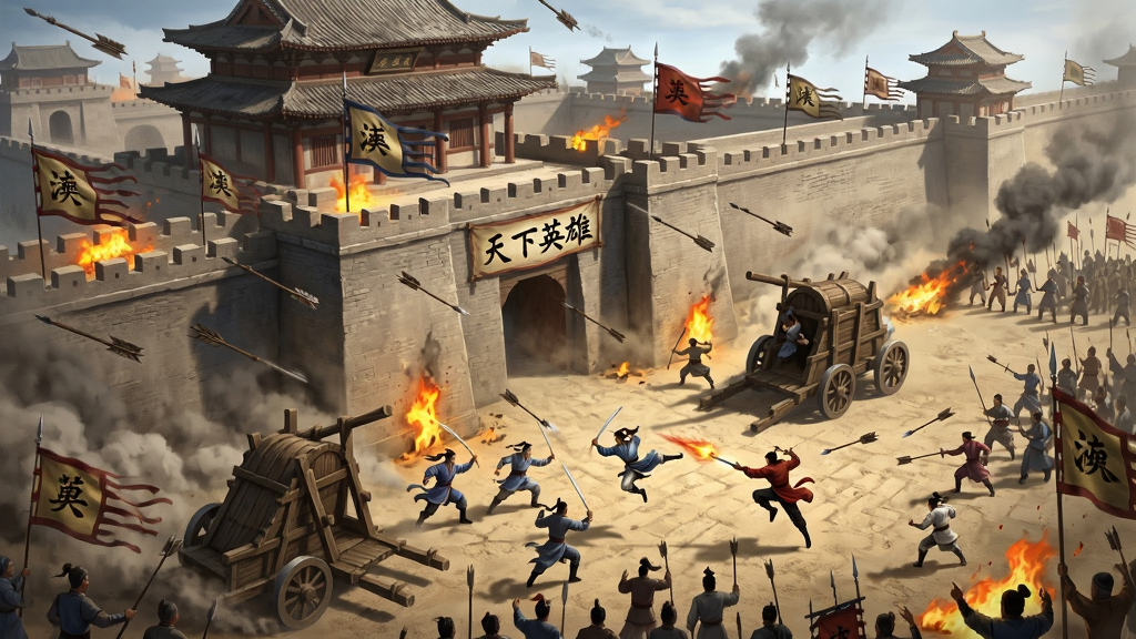 画面主体为一座古代城池的攻防战场面,城墙上旗帜飘扬,城下众多侠客施展轻功与武学,布局采用广角俯视构图,风格为史诗武侠战争插画,细节包括攻城车、箭雨、火光、烟尘,画质高清,干净,无多余元素,画面中可加入文字“天下英雄”