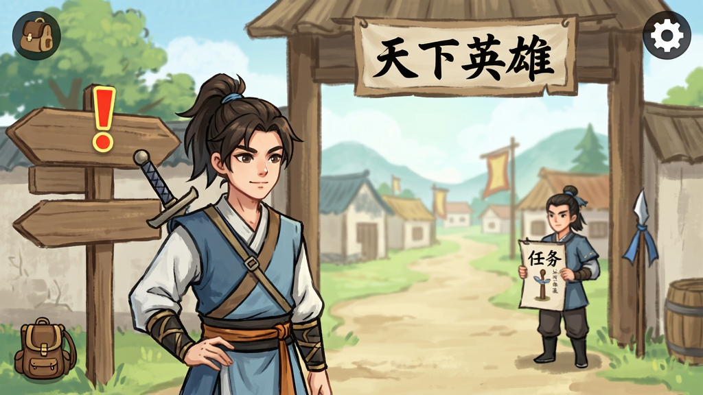 画面主体为一位新手侠客站在村口,面前有指示牌与任务NPC,布局采用前景人物与背景村落结合,风格为清新武侠插画,细节包括任务感叹号、背包图标、设置齿轮,画质高清,干净,无多余元素,画面中可加入文字“天下英雄”