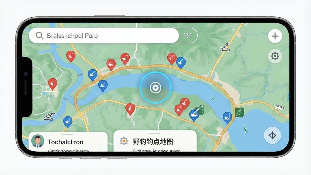 主体是一张手机地图应用界面,布局为全屏地图展示,地图上有多个红色和蓝色的钓点标记,排版为顶部搜索框、底部信息卡片,风格为现代科技感户外风,细节包括河流线条、道路、定位光圈、钓点图标,画质高清,干净,无多余元素,图片中文字标注“野钓钓点地图”