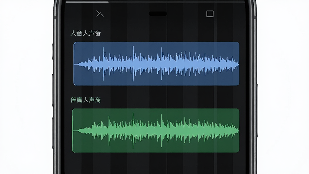 音频音乐剪辑人声分离功能展示,主体是手机屏幕显示人声和伴奏两条分离后的音轨,布局为上下对比排列,上方标注人声,下方标注伴奏,排版清晰,风格为简约科技风,细节上两条轨道波形颜色不同,画质高清,干净无多余元素