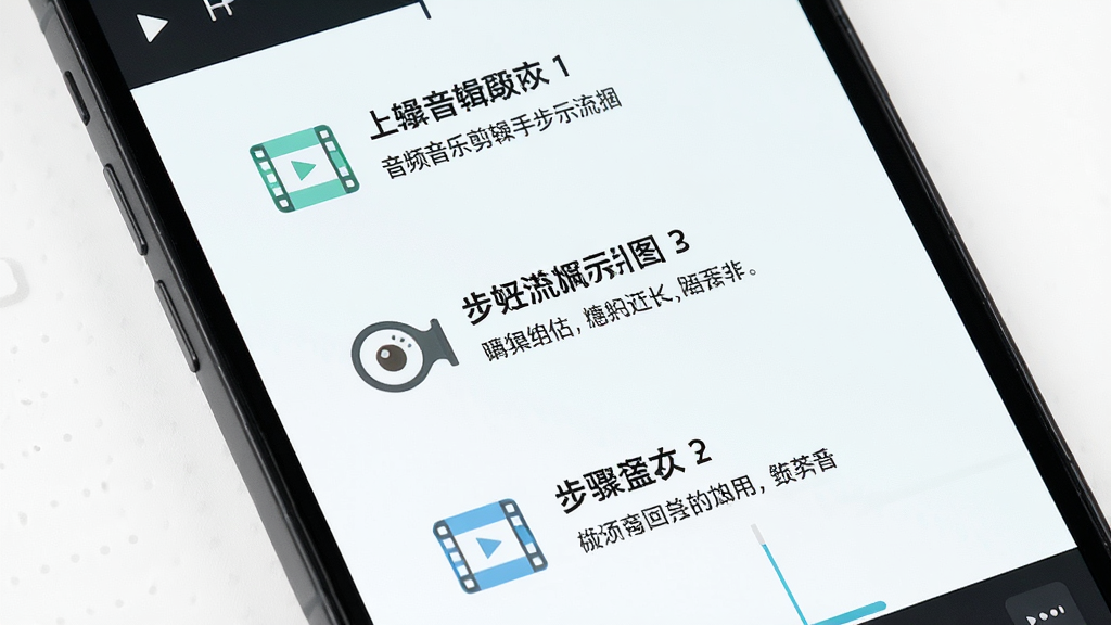 音频音乐剪辑新手操作示意图,主体是手机屏幕显示剪辑步骤引导,布局为从上到下三步流程,排版清晰,风格为清新简约风,细节上每步配有小图标和文字说明,画质高清,干净无多余元素
