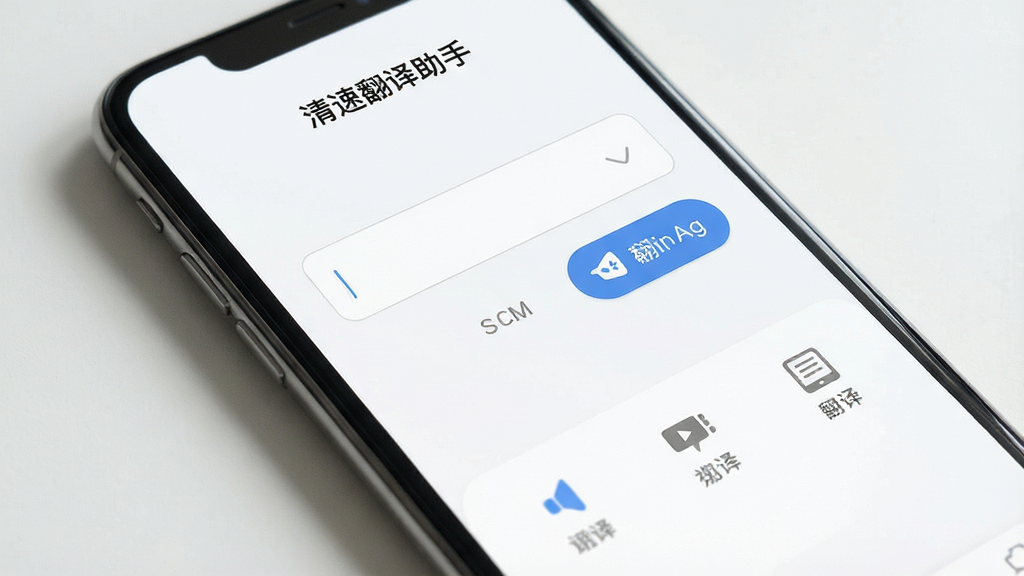 清速翻译助手简洁界面展示图,主体是一部手机特写,屏幕显示干净的主界面,顶部是